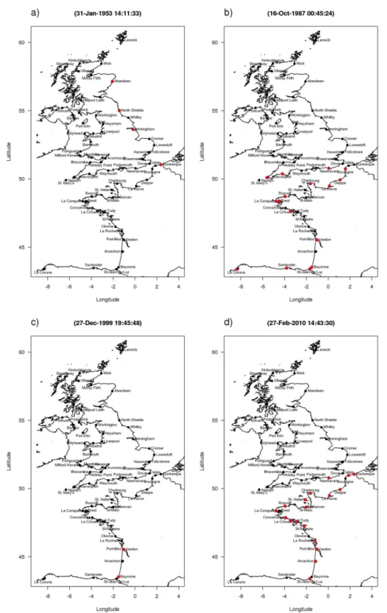 Figure 3.11: Empreintes de tempêtes de surcotes de pleine mer : a) 31 janvier - 1 février 1953, b) 15-16 octobre 1987, c) Martin (27 décembre 1999) et d) Xynthia (27-28 février 2010)