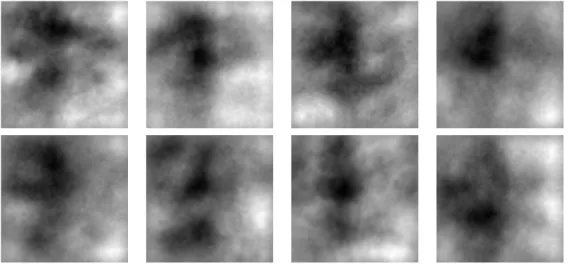 Figure 6.6: Moving average of 8 TEM images of the sample, using Eq. (6.9) with disk radius 110 nm 10 0 10 1 10 3 10 4 10 5 S(nm 2 )104105107108109D2(S)TEM imagefitting by 5.7 109S-1 Figure 6.7: Variance D 2
