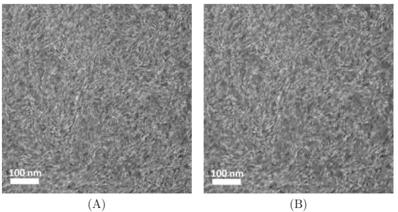 Figure 7.13: A TEM image of the 70 nm thick specimen of sample 2. (A) Filtered by a median filter and a Gaussian filter