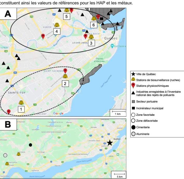 Figure 6 : Positionnement de sites de biosurveillance environnementale (ruches) et  des stations d’échantillonnage du RSQAQ  