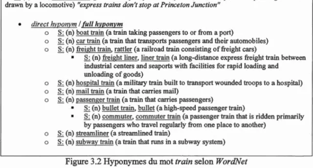 Figure 3.2 Hyponymes du mot train selon WordNet 