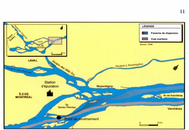 Figure 1.1  Point de  déversement et panache de dispersion de  l'effluent de  l'île de  Montréal (d'après Gagné  e t al .,  2004) 