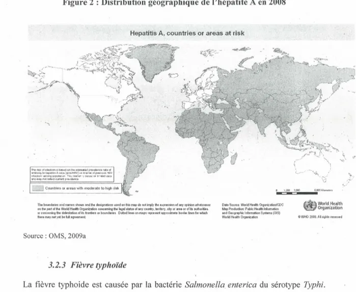 Figure 2  Distribution géographique de l'hépatite A en 2008 