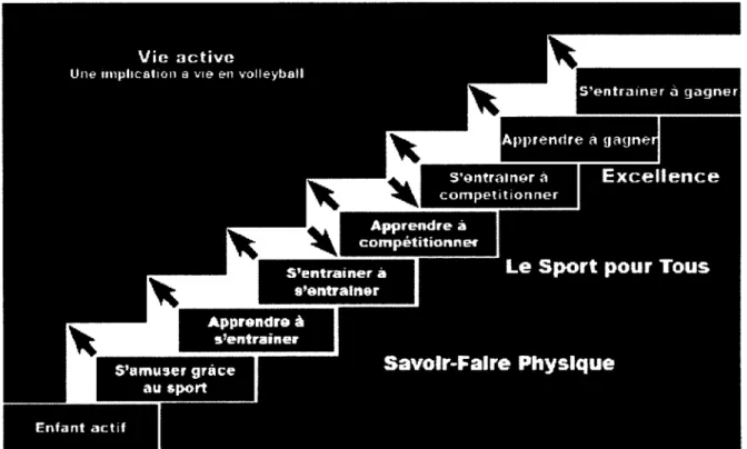 Figure 3 : Les étapes vers la réussite sportive en volleyball canadien (Boucher et al.,  2006, p
