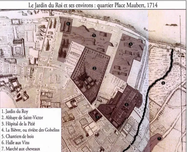 Figure  2.1  Le Jardin du  Roi  et ses environs  :  quartier de  la  place Maubert ,  1714 19 