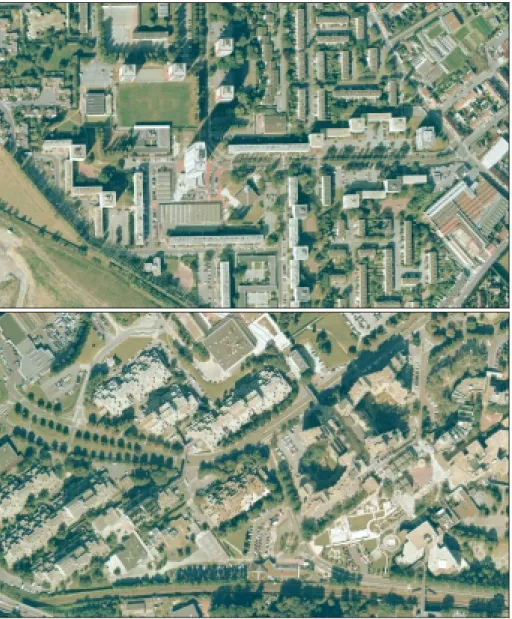 Figure 9 : Le quartier des Olivaux représentatif du grand ensemble des années 1950-1960  (photographie du dessus) et le quartier du Pont de Bois représentatif de celui de la fin des années  soixante-dix avec des principes de hiérarchisation des réseaux et 