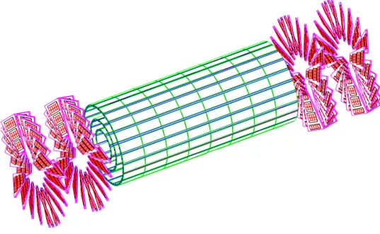 Fig. 3.6  Représentation tridimensionnelle du déte
teur à pixels, partie 
entrale du traje
tographe de CMS.