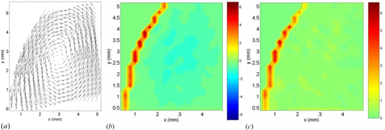 Figure 3.8: Zoom measurements of the velocity (a), vorticity (b) and stress (c) fields in  the distal area of model 4 (D/d = 1.9, L/d = 2.9)