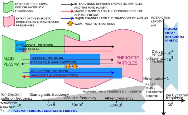 Figure 1.4: Time and length scales involved in the interactions between alpha particles and the main plasma.