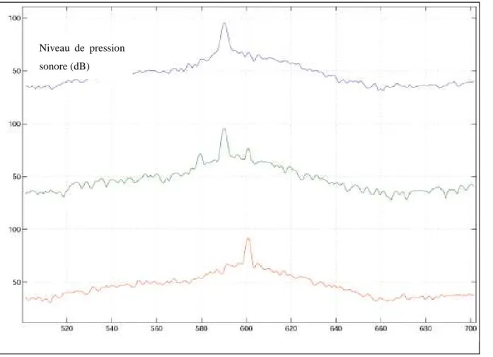 Figure 39 : Analyse spectrale de l’essai 3 en 3 points particuliers Niveau  de  pression 