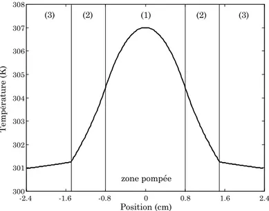 Figure 1.23 : Profil de température obtenu pour une température imposée de 300 K et une  puissance de 40 W de pompe par face 