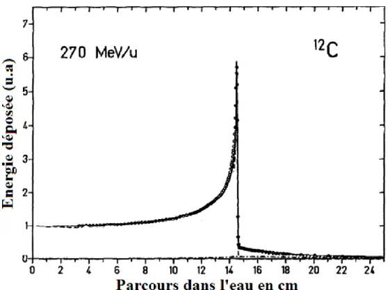 FIGURE 2.6 – Exemple de mesure de profil dose-profondeur d’un faisceau de 12 C à travers l’eau.