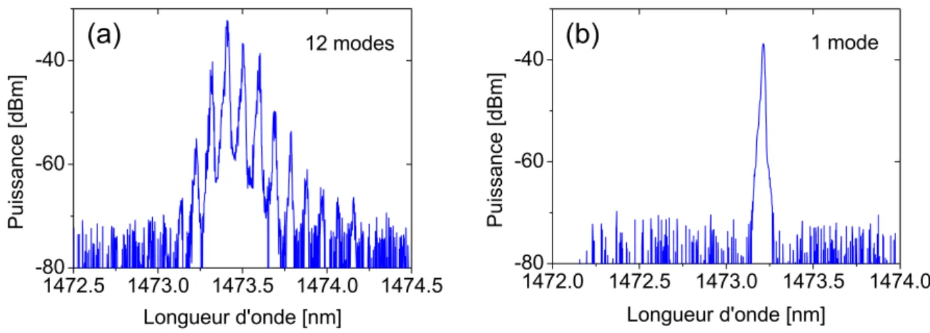 Figure 2.3: Spectre de l’onde signal enregistré avec un analyseur de spectre (ANDO, modèle AQ 6317B, résolution 0,1 cm −1 ) (a) ∆L