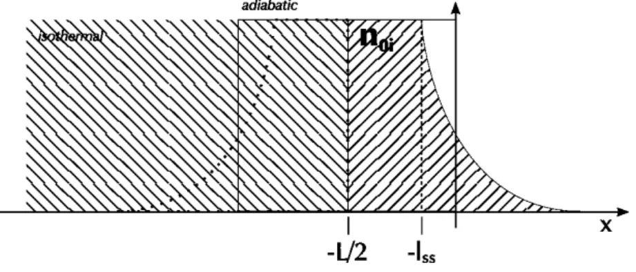 Figure 3.8: Picture of the initial condition for the two cases. In the isothermal case, the density is constant n i (x, t = 0) for x ∈ (−∞, −l ss ] and exponentially decreases on