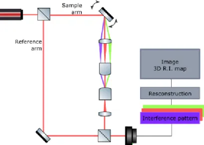 Figure 1.4 – Optical diffraction tomography principle. The laser beam is separated into two arms by the beamsplitter shown in the top left