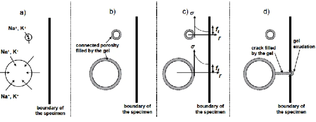 Figure 1-6 Étapes de formation du gel d’alcalis-réaction : a) Diffusion des alcalis dans le granulat, b) Remplissage des  pores par le gel, c) Comparaison entre les contraintes de traction dans la pâte de ciment autour des particules de granulats  et  la  
