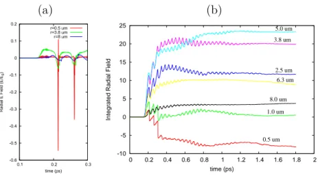 Figure 2.20: Temporal evolution of radial electric ﬁeld and its integrated value at diﬀerent radii about the laser propagation axis.