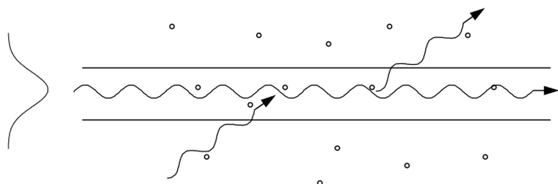 Figure 2.1 Illustration schématique de la diffusion à cause des inhomogénéités du guide      La diffusion du mode guidé a comme conséquence la perte qui doit pouvoir être décrite par  le  changement  de  la  partie  imaginaire  du  constant  de  propagatio