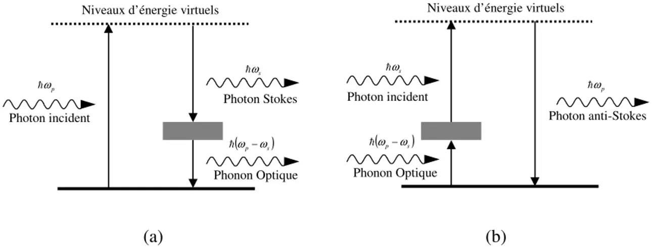 Figure 4.1 – Représentations schématiques des diffusions Raman Stokes (a) et anti-Stokes (b)