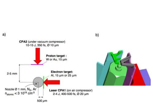 Figure 3.5: a) Target lineout for the proton imaging experiment. b) Detail of the target support/nozzle system for the the proton imaging experiment.