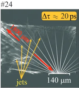 Figure 3.22: Shadowgraphy image: Ar 70 bar, t ≈ 30 ps. Yellow lines show a few of the observed straight lines probably connected to electron jets.