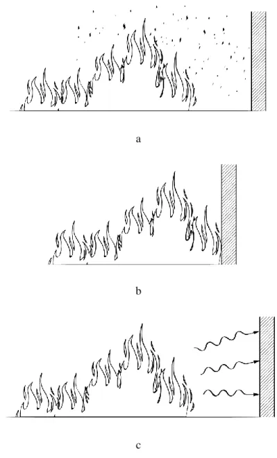 Figure 2.2. 3 modes de propagation du feu : (a) Brandons volants; (b) Contact direct avec la 