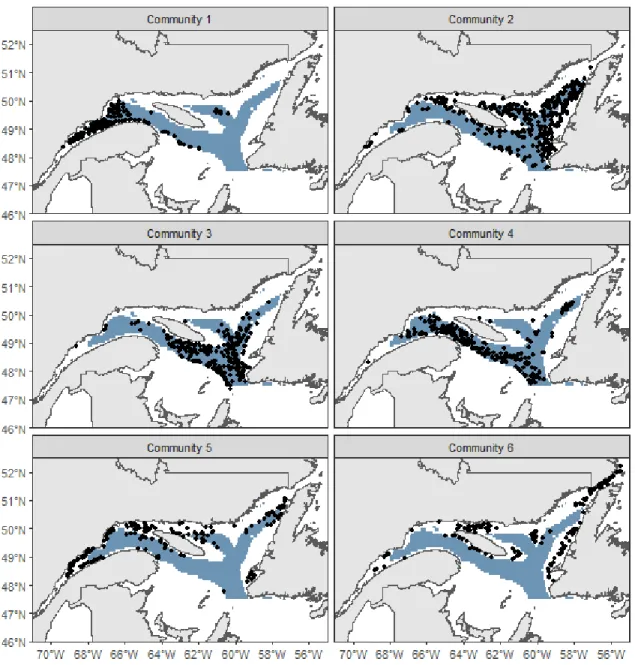 Figure 3. Location of the six epibenthic community types in the Estuary and Gulf of St