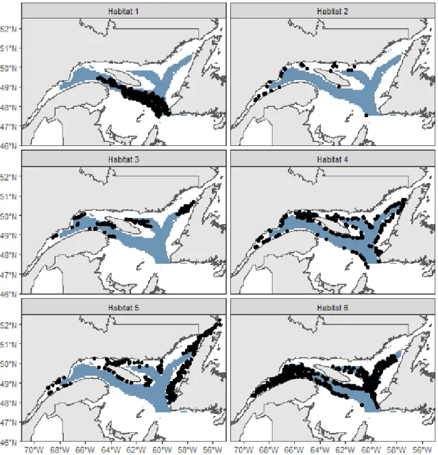 Figure 4. Location of the six habitats in the Estuary and Gulf of St. Lawrence identified  by k-means clustering with environmental data ranging from 2011 to 2018