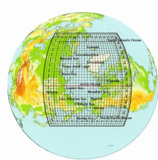 Figure 1.2  CORDEX-Arctic domain for the 0.44 °  CRCM5 simulation, including  the  10 grid point semi-Lagrangian halo and the  10  gtid point Davies sponge zone;  only every  lO t h  grid box  are displayed 