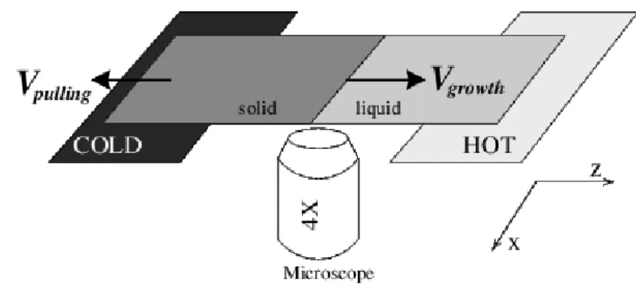 Figure 1.1: Experimental directional solidification set up [6]; all details are explained in the text