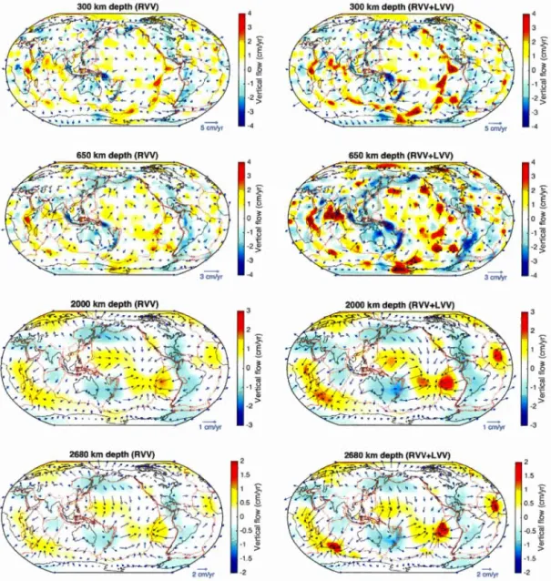 Figure  4.7:  Predicted  mantle flow  with  (right) and without  (left)  mode s t LVV  and  with 