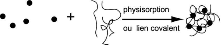 Fig. 1.23 – Processus par encapsulation : le polym`ere s’adsorbe ou est coupl´e aux grains d’oxyde