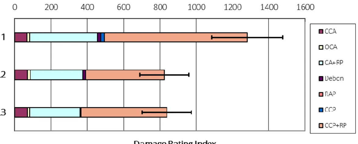 Figure 41 : Spatial distribution of damage (the acronyms are defined in Table 18) from the external layer (L1) to the  core  (L2  &amp;  L3)  of  the  1U-3.12  specimen  (expansion  =  0.234%)