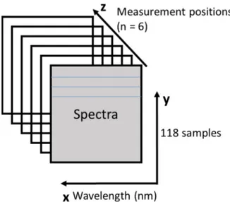 Figure 3-4. NIR spectra acquired on the vial surface at six different measurement angles  represented in a 3D matrix