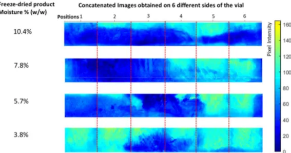 Figure 3-8. Images of vials in the 3–11% (w/w) moisture range. This range presents the largest  spatial variability