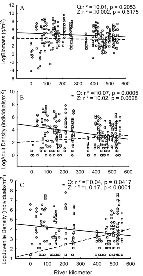 Figure 1.3. Distribution  of dreissenid mussels in  the St. Lawrence River  (Canada/USA):  (A)  Log-transformed biomass   (g/m 2 ), (B) adult density  (individuals/m 2 ) and (C) 