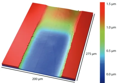 Figure S5:  Surface topology of a microfluidic channel measured by optical surface profiling around the  border between treated and native PDMS