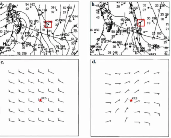 Figure  3 . 1 (a ,  b)  Carte  d e  réana l yses  à  la  surface  et  (c ,  d )  données  de  sorties  des  simu l ations  du  modè l e GEM-LAM à la  surface associés avec (a , c)  l ' événement du  28  mars  2015  à 2200  UTC  et  (b,d) avec  l ' événemen