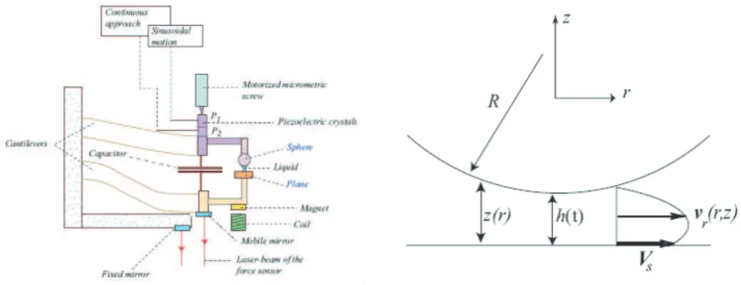 Fig. 2.9: Principe des mesures réalisées en Machine à force de Surface (ou SFA pour Surface Force Apparatus) en mode dynamique, configuration de la machine utilisée par Cottin-Bizonne et al