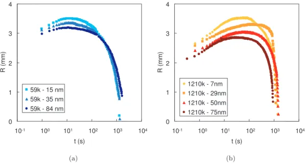 Figure 3.6 – Evolution du rayon de la goutte au cours du temps (a) PDMA 59 kg/mol (c)