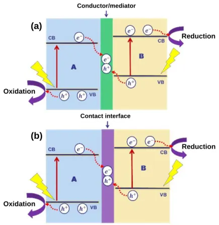 Figure 2.17. Schematic diagram of charge separation and transfer in a Z-scheme system: (a) 