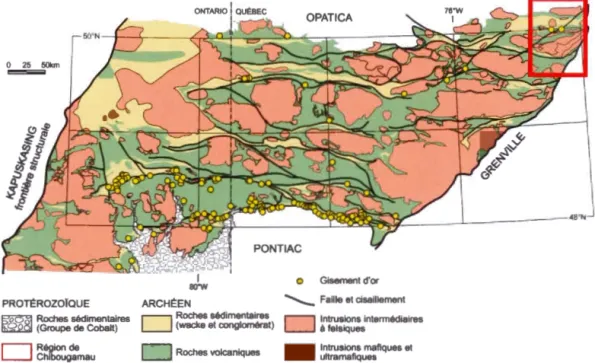 Figure 2.1  :  Carte géologique de  la partie québécoise de  la Sous-province de  l'Abitibi 