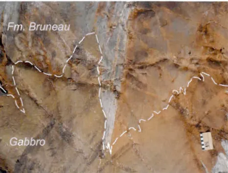 Figure 3.9 :  Contact  diffus  entre  un  gabbro  et  les  roches  volcanoclastiques  de  la  Formation de Bruneau