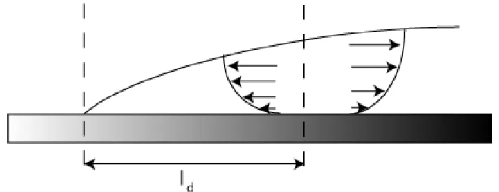 Figure 3.9: En recul´ ee, il existe une longueur o` u la vitesse du fluide est nulle en moyenne.