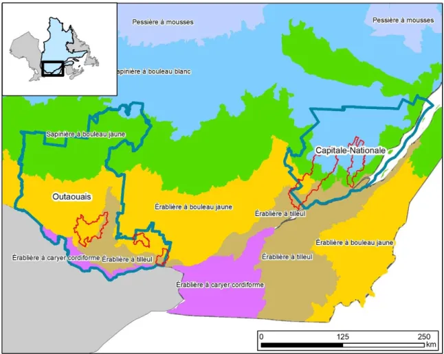 Figure 2 Localisation des sites d'étude où les cours d’eau ont été inventoriés dans deux régions  administratives du Québec, et dans différents domaines bioclimatiques