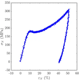 Figure 3.9 – Typical nominal stress-strain curve for a polyester micro pillar tested at ambient atmosphere (T = 23 °C - RH = 40 %RH).