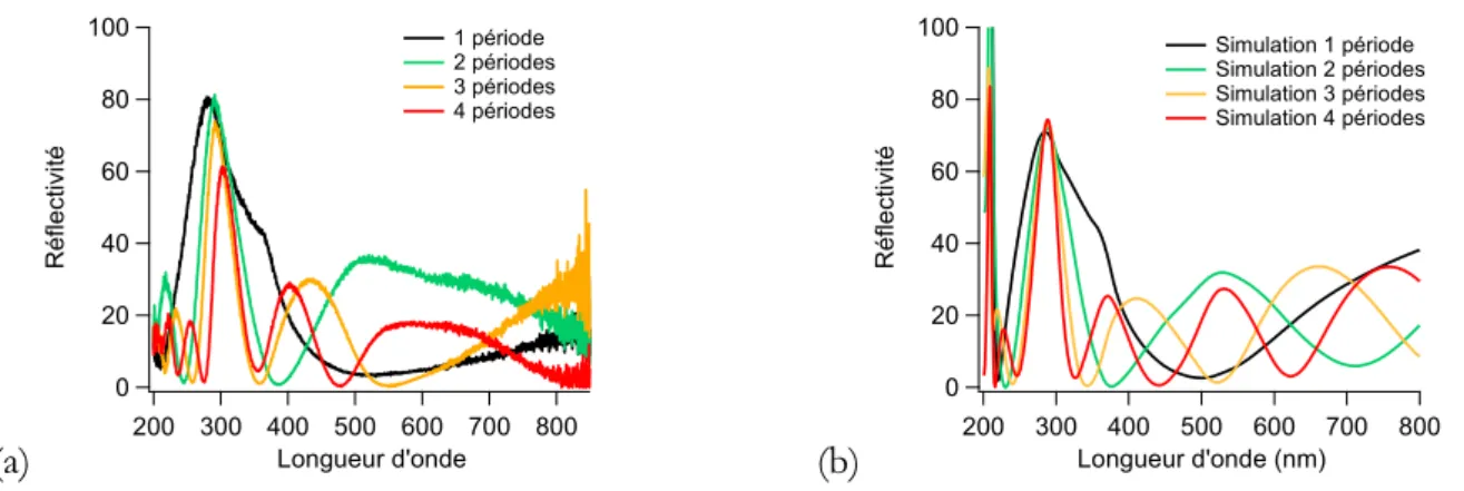 Figure III 33 Evolution des spectres expérimentaux (a) et théoriques (b) de miroir  de Bragg pNIPAM (90 nm)/Or (4 nm) en fonction du nombre de périodes