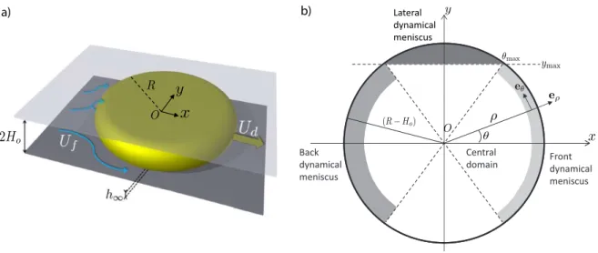 Figure 1.13: (a) Bulle pancake se déplaçant dans une cellule de Hele-Shaw : 2H o est l’épais-