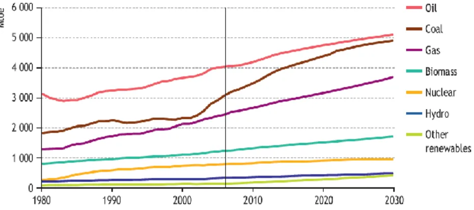 Figure 1.1 Évolution de la demande d'énergie primaire entre 1971 et 2006 par sources en mégatonnes  d’équivalent pétrole (Mtoe) (tiré de : IEA, 2008, p