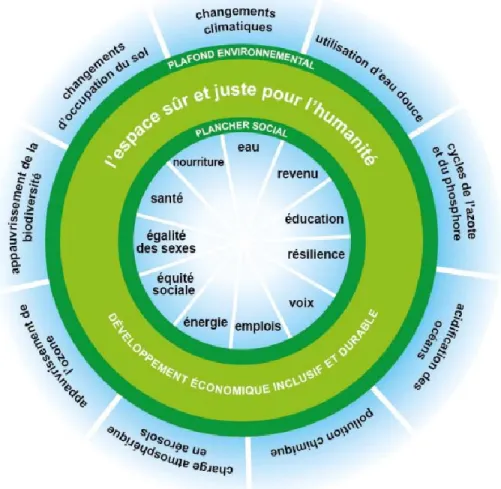 Figure 2.3 Le concept du « donut » — Espace sûr et juste pour l’humanité (tiré de : Raworth, 2012,  p.5) 